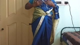 des indian horny cheating tamil telugu kannada malayalam hindi wife vanitha wearing blue colour saree  showing big boobs and shaved pussy press hard boobs press nip rubbing pussy masturbation